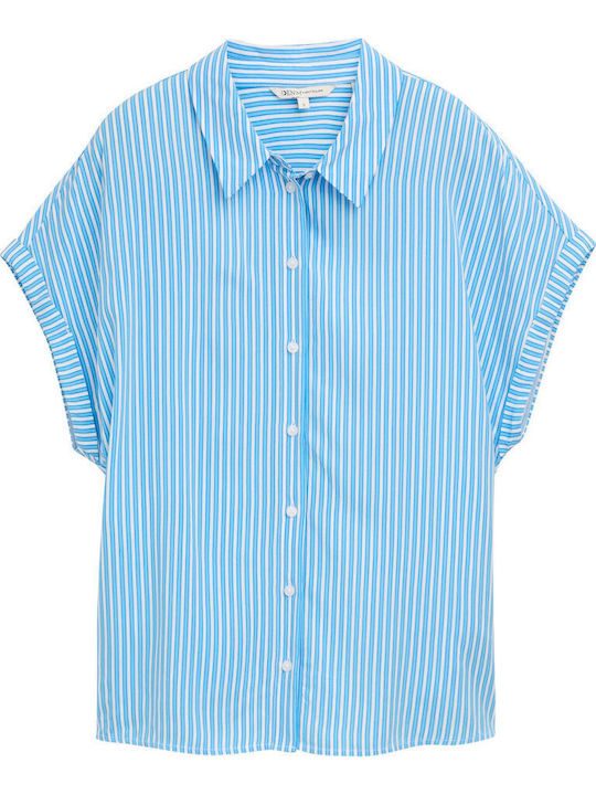 Mâneca scurta Femei Cămașă Vertical Blue White Stripe Cu dungi
