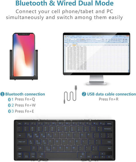 iClever IC-BK05 Ασύρματο Bluetooth Πληκτρολόγιο Αγγλικό US Foldable, Wireless