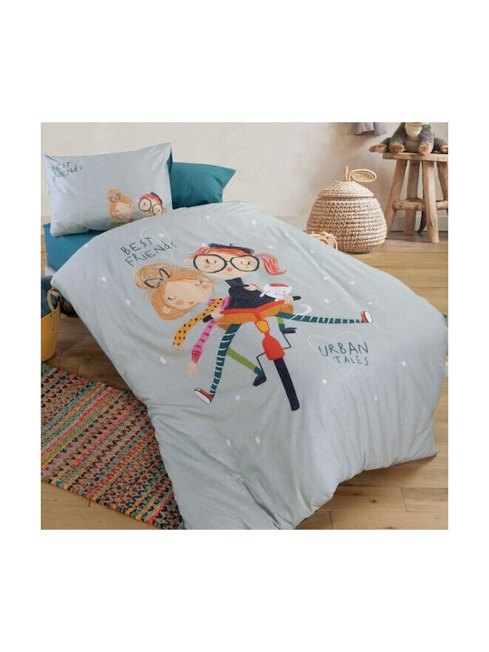 Nef-Nef Homeware Girl Friends Set Kids Duvet Cover Single with Pillowcase Cotton Aqua 160x220cm
