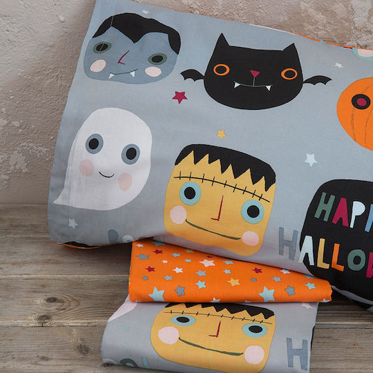 Nima Happy Halloween Σετ Παιδική Παπλωματοθήκη Μονή με Μαξιλαροθήκη Βαμβακερή Γκρι 160x240εκ.