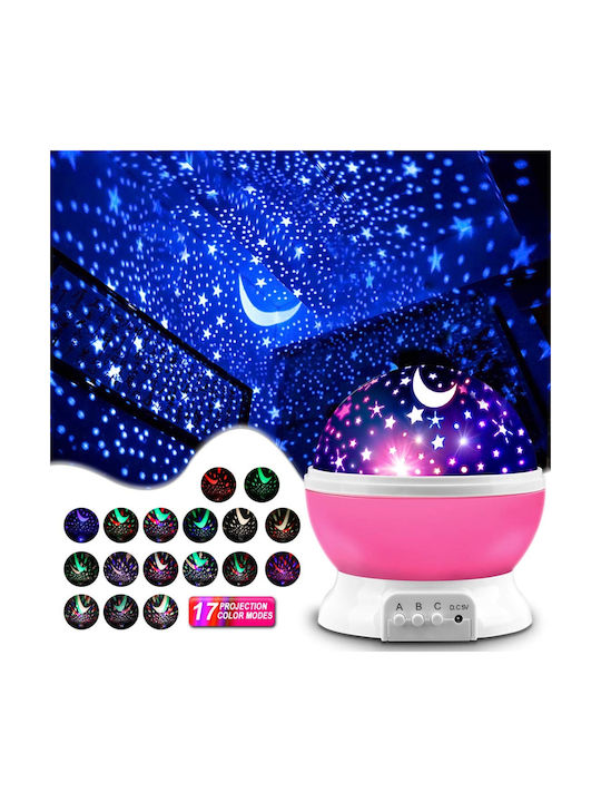 Led Περιστρεφόμενο Παιδικό Φωτιστικό Projector Moon Star Ροζ