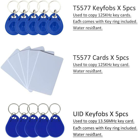 Set Copiator Rfid Nfc 5 X Carduri 5 X Etichete de Proximitate Rfid 5 X Lanțuri Chei Programabile Uid T5577 10 Frecvențe Programabile Ecran Lcd Alb