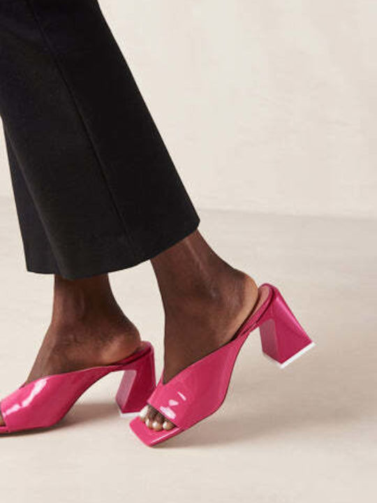 Leather Mules with Low Heel in Fuchsia Color