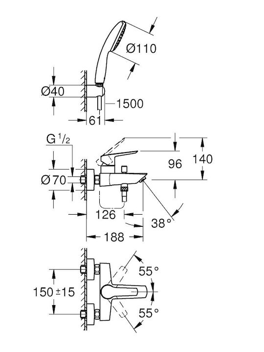 Grohe Eurosmart Mixing Bathtub Shower Faucet Complete Set Silver