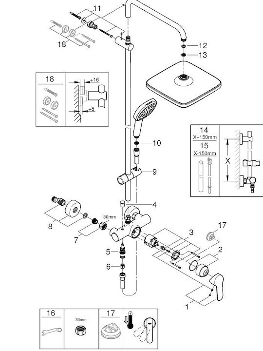 Grohe Tempesta Cube 250 Στήλη Ντουζ με Μπαταρία Ασημί