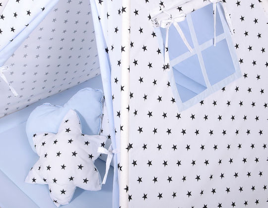 Tipi Tent Kids + Mat + Pillows + Feather Hangings Black Stars Blue
