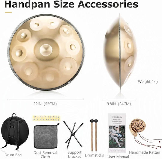 Instrument De Percuție Handpan 10 Note 22 Inch Tobe Manuale Re D Minor 440 Hz Bețe Suport Geantă De Transport Și Depozitare Performer