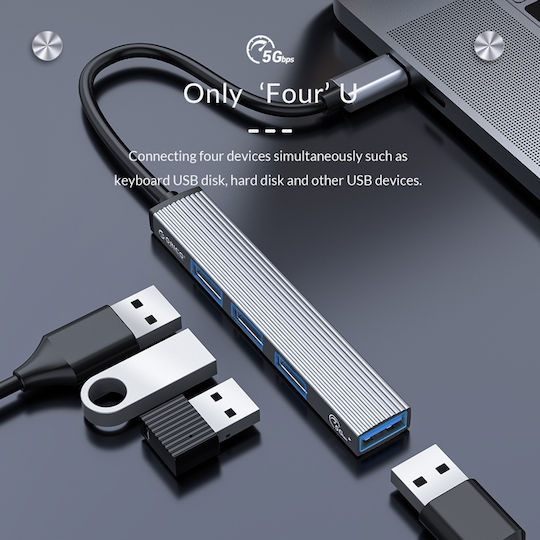 Orico USB Хъб 4 Порта USB 3.0 с Връзка USB-C / USB-A Сив