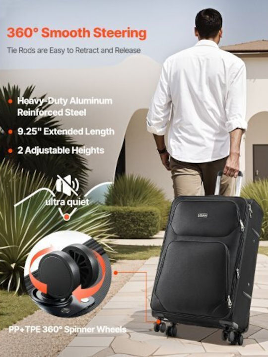 Vevor Large Fabric Travel Suitcase Black with 4 Wheels Height 71cm