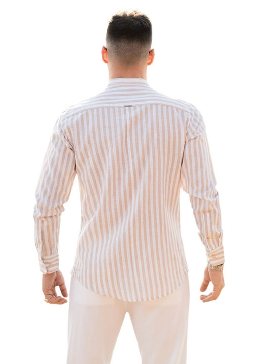 Long Sleeve Linen Striped Beige Shirt