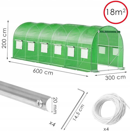 Seră Tunel Tip Cadru Metalic 300x600cm 13 Ferestre Verde 18 Mp