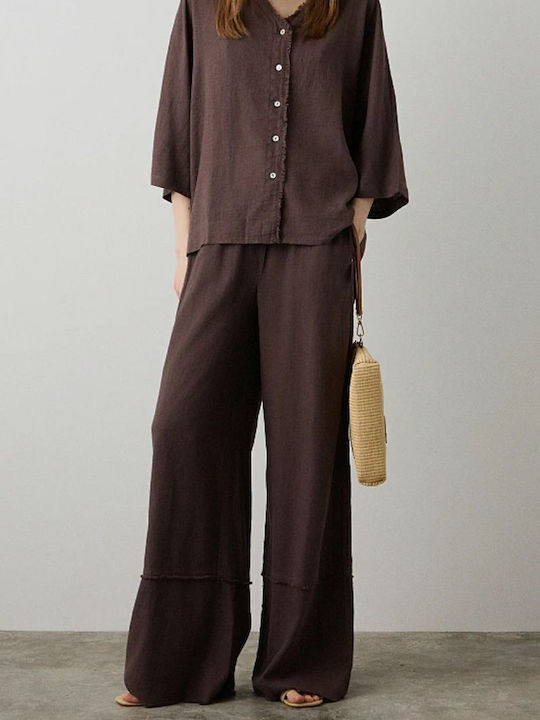 Women's Fabric Trousers with Elastic in Regular Fit Chocolate
