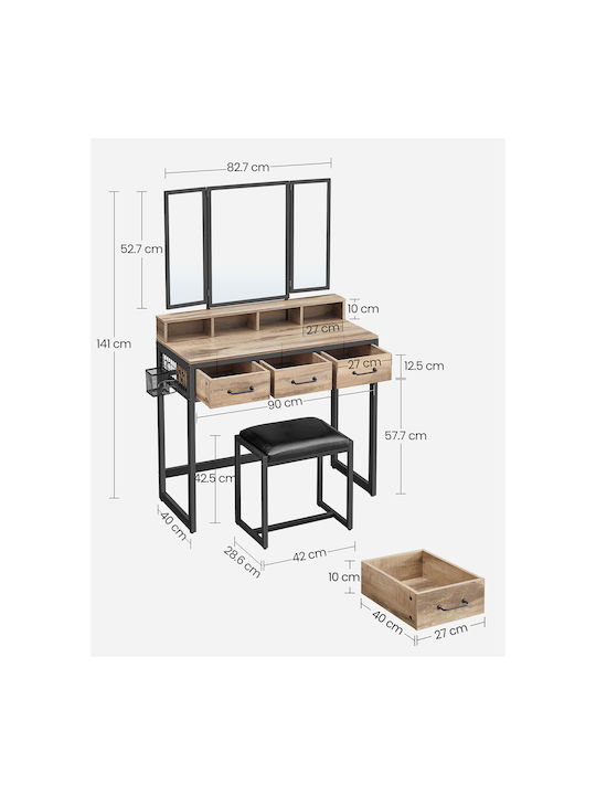 Тоалетна за грим Дървена Oak Brown/black с Огледало 90x40x141бр