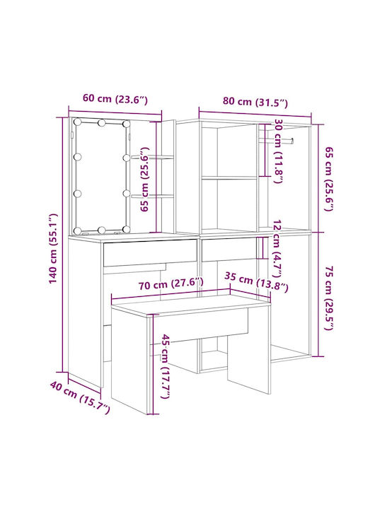 Bodenstehende Schminktisch Schlafzimmer Holz Echte Eiche mit Spiegel & Hocker 60x40x140cm