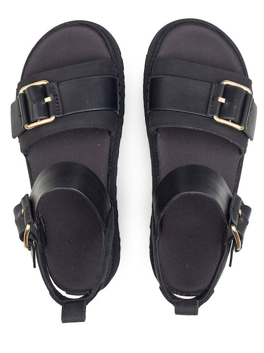 Goldenstar Δερμάτινα Γυναικεία Σανδάλια Flatforms Μαύρα
