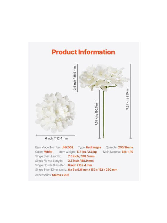 Vevor Decorative Artificial Hydrangea Flowers 205 Pieces 25 Cm White Rzxqbs205pcs6hw4t001v0
