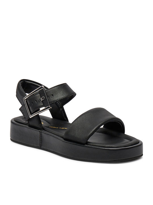 Alda Leather Women's Flat Sandals with Strap in Black Color