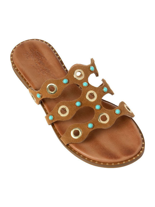 Leather Women's Flat Sandals in Tabac Brown Color