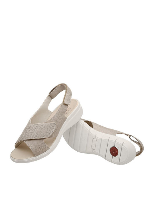 Leder Flache Sandalen für Damen Anatomisch mit Riemen in Gold Farbe