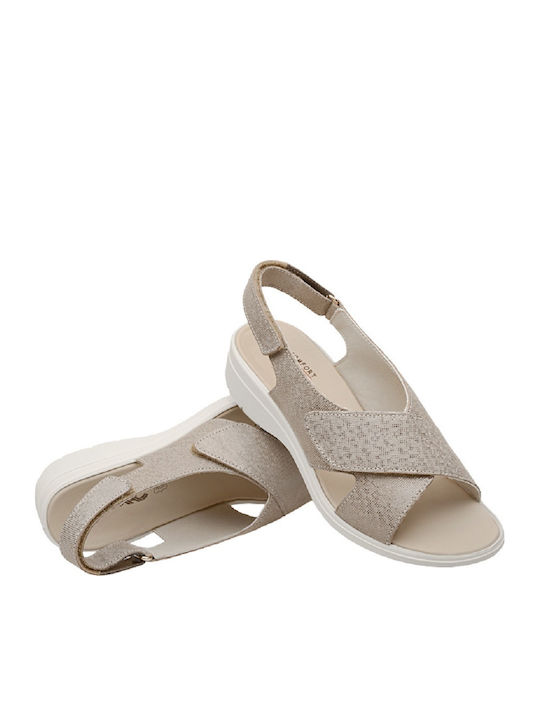 Leder Flache Sandalen für Damen Anatomisch mit Riemen in Gold Farbe
