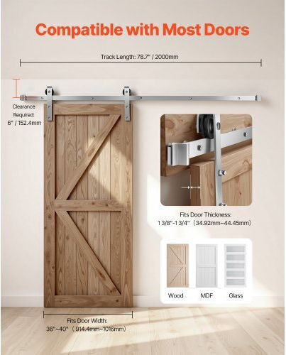Vevor 6.6ft Sliding Barn Door Hardware Kit Single Sliding Barn Door Silver
