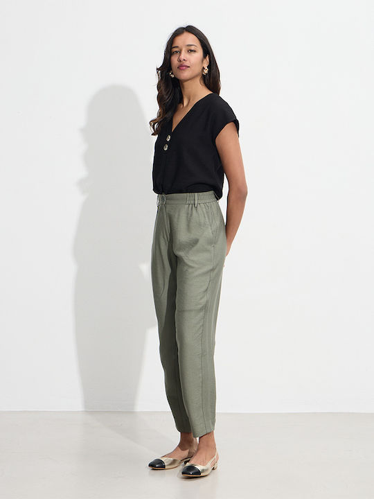 Women's High-waisted Fabric Trousers with Elastic Khaki