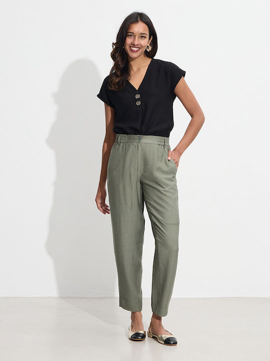 Women's High-waisted Fabric Trousers with Elastic Khaki