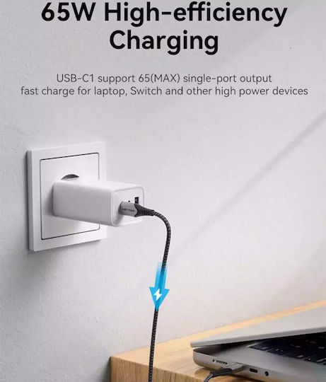Încărcător cu Cablu Integrat cu Port USB-A și 2 Porturi USB-C 65W Albς