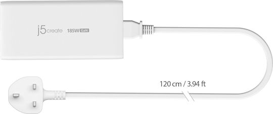 J5create Φορτιστής Magsafe GaN με Θύρα USB-A και 2 Θύρες USB-C και Καλώδιο USB-C 185W Power Delivery Λευκός (JUP37185W-FN)