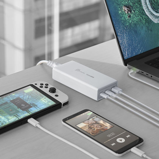 J5create Φορτιστής Magsafe GaN με Θύρα USB-A και 2 Θύρες USB-C και Καλώδιο USB-C 185W Power Delivery Λευκός (JUP37185W-FN)