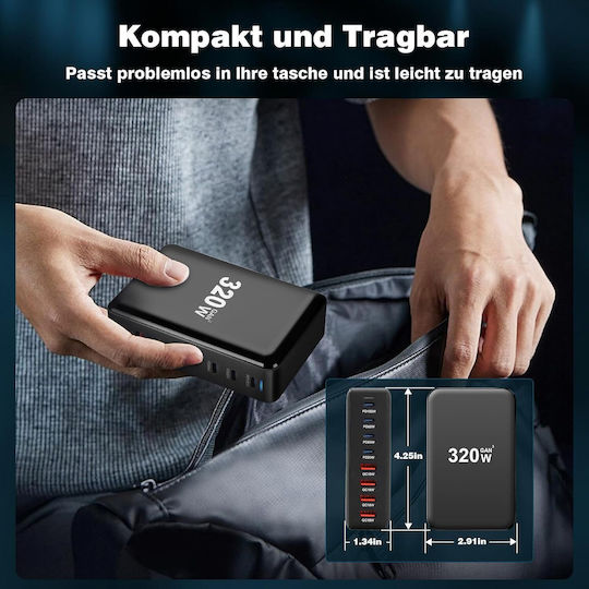 Suport de Încărcare GaN cu 4 Porturi USB-A și 4 Porturi USB-C 320W Livrarea energiei în culoarea Negru (X0024H8KPH)