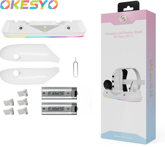 Stație De Încărcare Compatibilă VR Meta Quest 3 Ochelari Controlere Lumini RGB LED 2 Baterii 1800 mAh Accesorii Albe