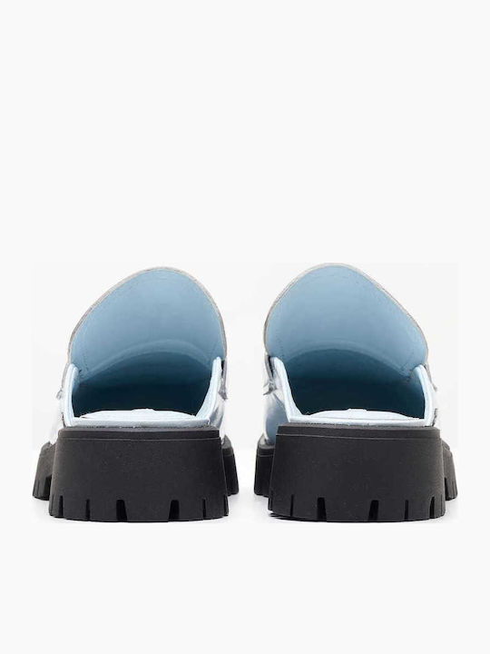 Leder Mules mit Absatz in Blau Farbe