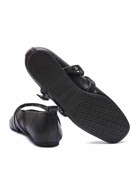 Leather Pointy Ballerinas With strap Black