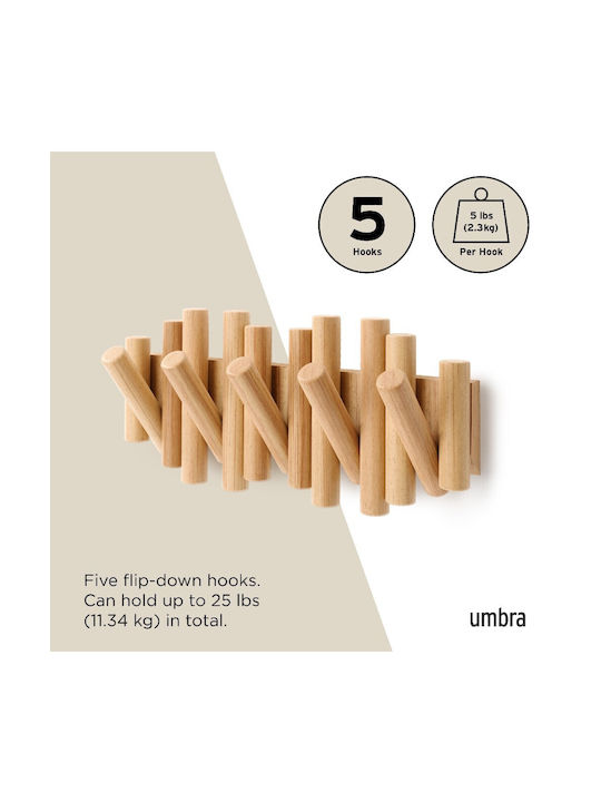 Umbra Κρεμάστρα Τοίχου Picket Rail Hook Natural Ξύλινη 5 Θέσεων Μπεζ 38x4.4x16.5cm