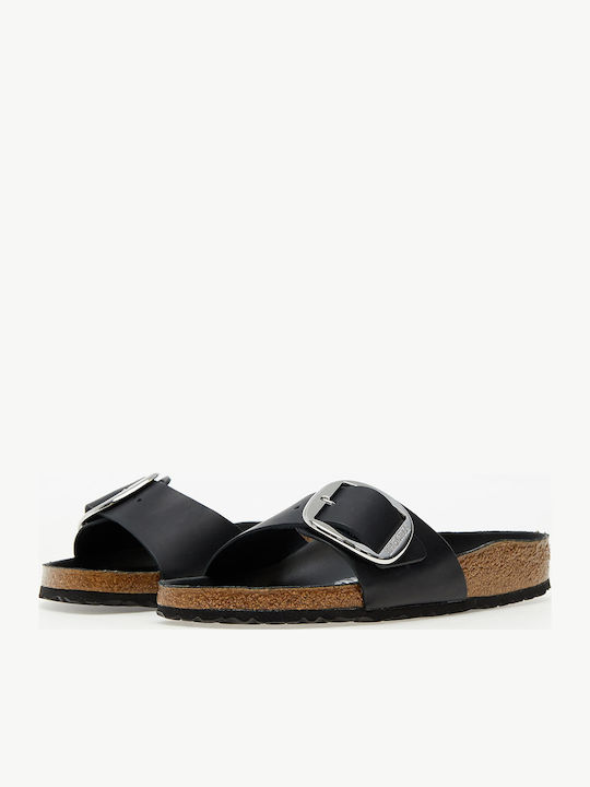 Madrid Big Buckle Oiled Leather Leather Women's Flat Sandals Anatomic in Black Color Narrow Fit