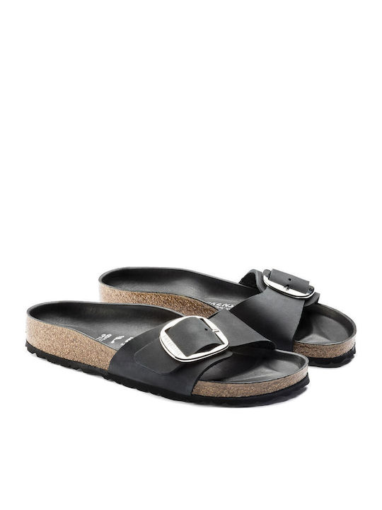 Madrid Big Buckle Oiled Leather Leather Women's Flat Sandals Anatomic in Black Color Narrow Fit
