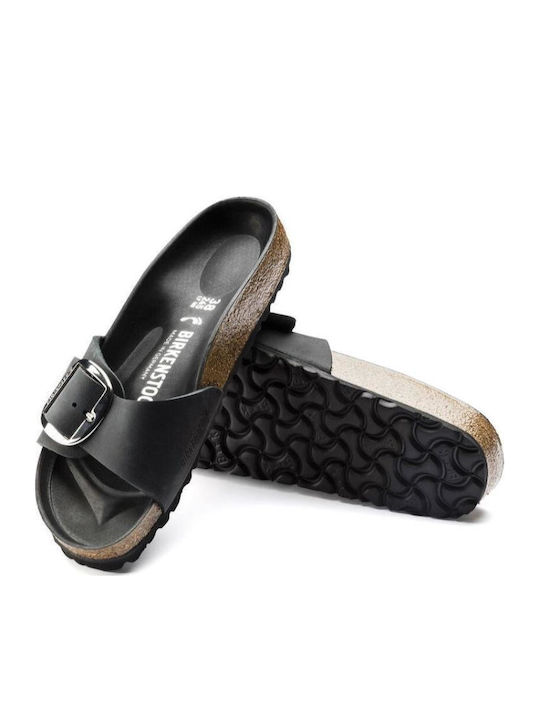 Madrid Big Buckle Oiled Leather Leather Women's Flat Sandals Anatomic in Black Color Narrow Fit