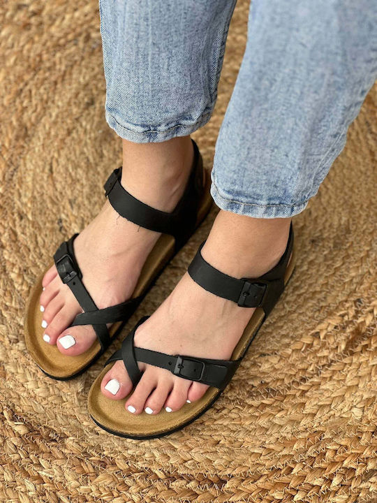 Apure Leather Women's Flat Sandals Anatomic with Strap in Black Color
