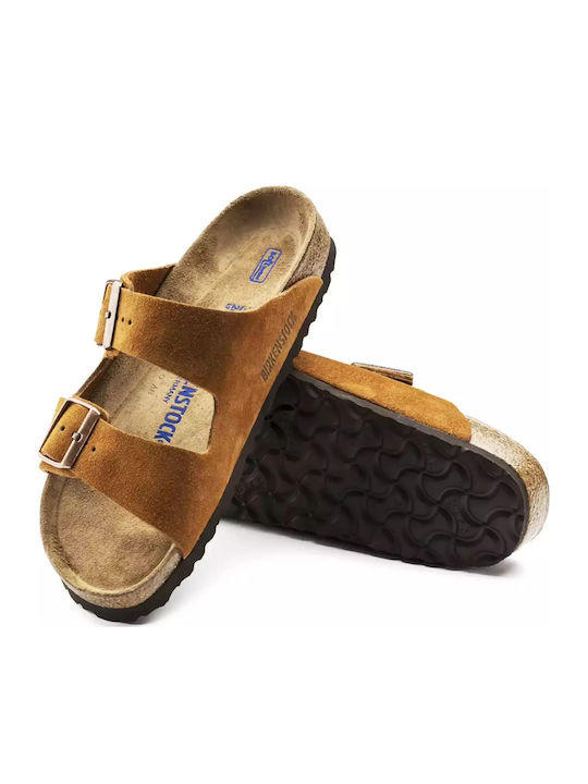 Arizona Soft Footbed Suede Leather Women's Flat Sandals Anatomic in Tabac Brown Color Narrow Fit