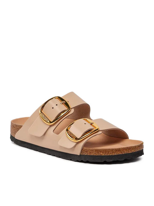 Arizona Big Buckle Leather Women's Flat Sandals Shine New Beige Narrow Fit
