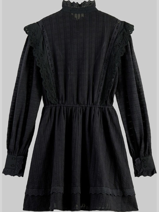 Broderie Anglaise Mini Shirt Dress Dress with Ruffle Black
