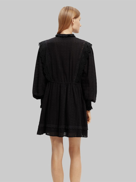 Broderie Anglaise Mini Shirt Dress Dress with Ruffle Black