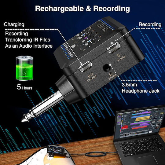 Mini Amplificator Pentru Chitară Căști Reîncărcabil Bluetooth Înregistrare Mod 10 Presete 10 Canale IR Tuner Reverberație Întârziată Chorus Fază Suprasarcină Distorsiune Efect Compozit