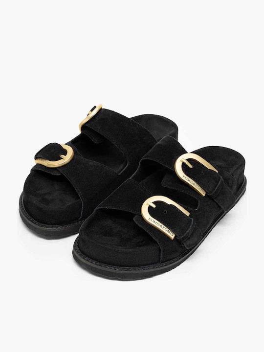 Δερμάτινα Γυναικεία Σανδάλια Flatforms Μαύρα