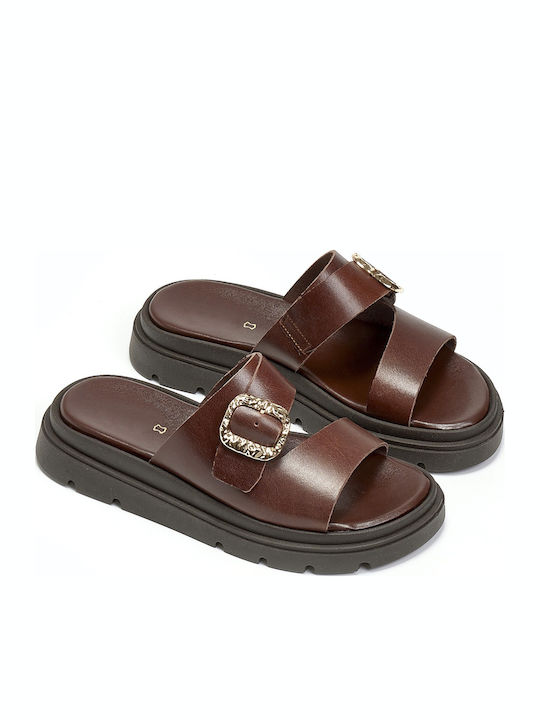 Leather Women's Flat Sandals Brown