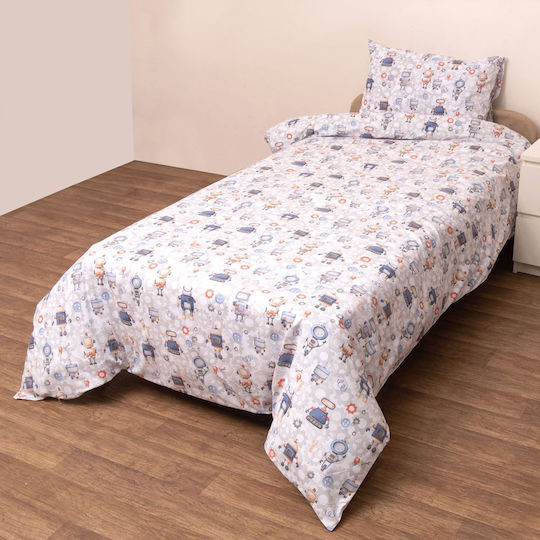Viopros Kids Sheets Set Single with Elastic Band Cotton Robots White 100x200cm 3 Pieces