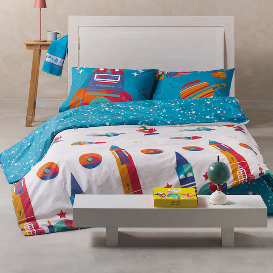 Kentia Σετ Σεντόνια Μονά Βαμβακερά Galactica Μπλε 160x270cm 3τμχ