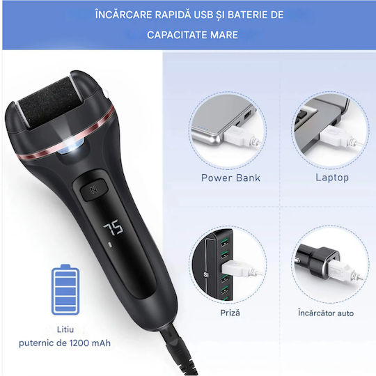 Set Pilă Electrică Pentru Picioare 10 Bucăți Tălpi Călcâie Arvada Drskin V-601 Afișaj Digital Led Baterie 1200 mAh Încărcare Usb Rezistentă la Apă 3 Role 2000 Rpm Accesorii Incluse Îndepărtare Piele Moartă Îndepărtare Calus Negru
