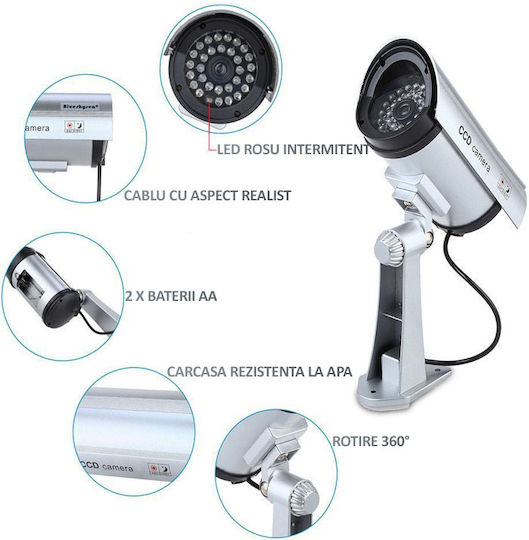 Fake Surveillance Camera Outdoor Indoor Flashing Red LED 360°/90° Rotation Waterproof AA Batteries Silver
